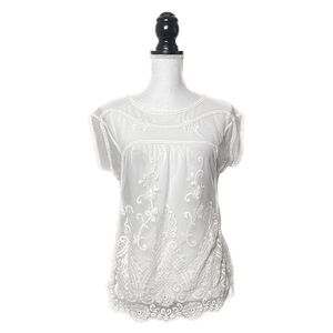 Sundance S White Sheer Floral Lace Embroidered Boho Top Scoop Neck Short Sleeve